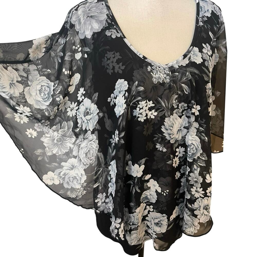 Y2K Fairygoth Monochrome Rose Print Sheer Poncho Cape Top Large Whimsigoth